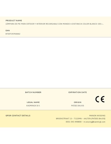 Lámpara de pie para exterior y interior recargable con mando a distancia color blanco 150 cm