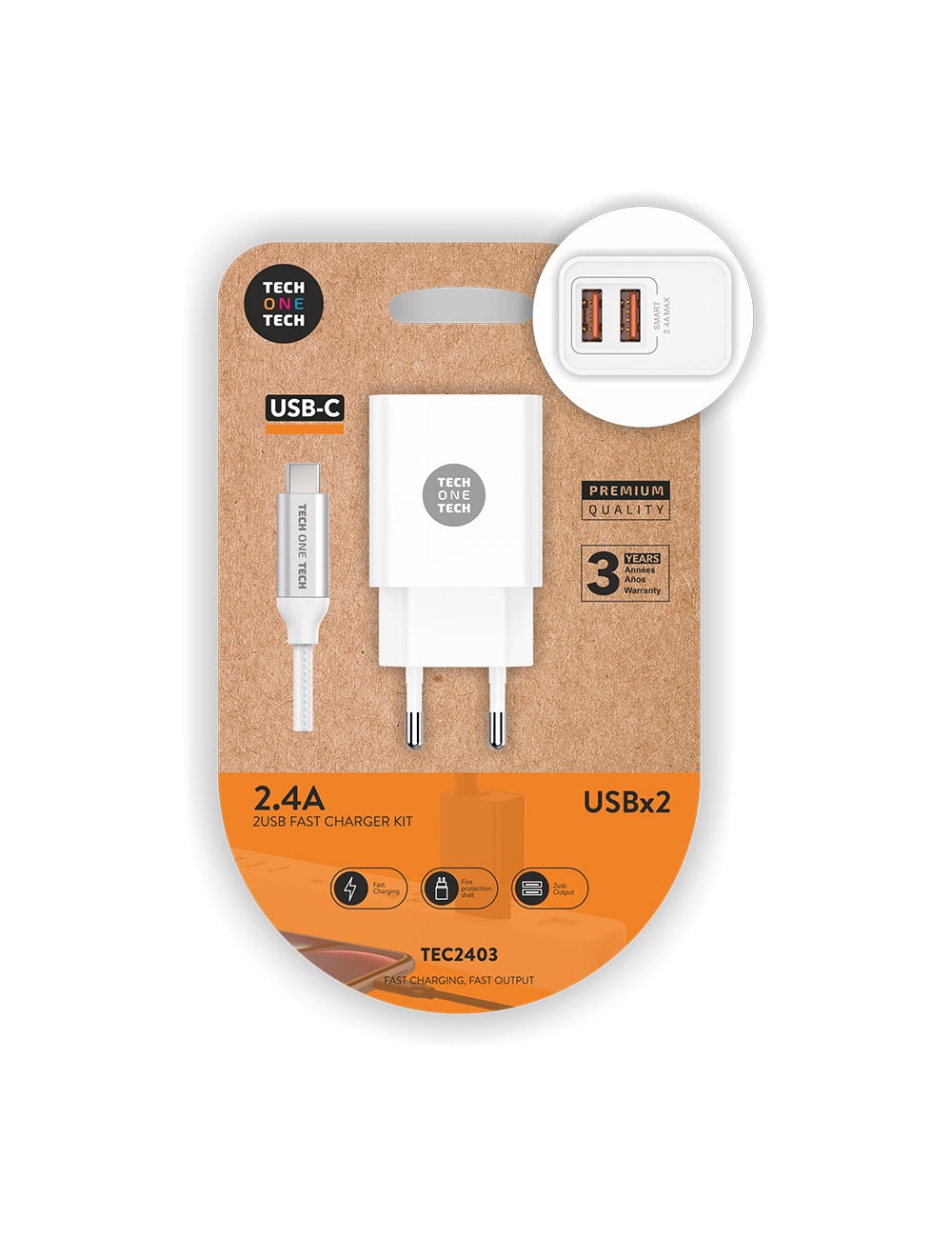 Cargador doble blanco + cable nylon usb-c 2,4 a 12 w 5 v