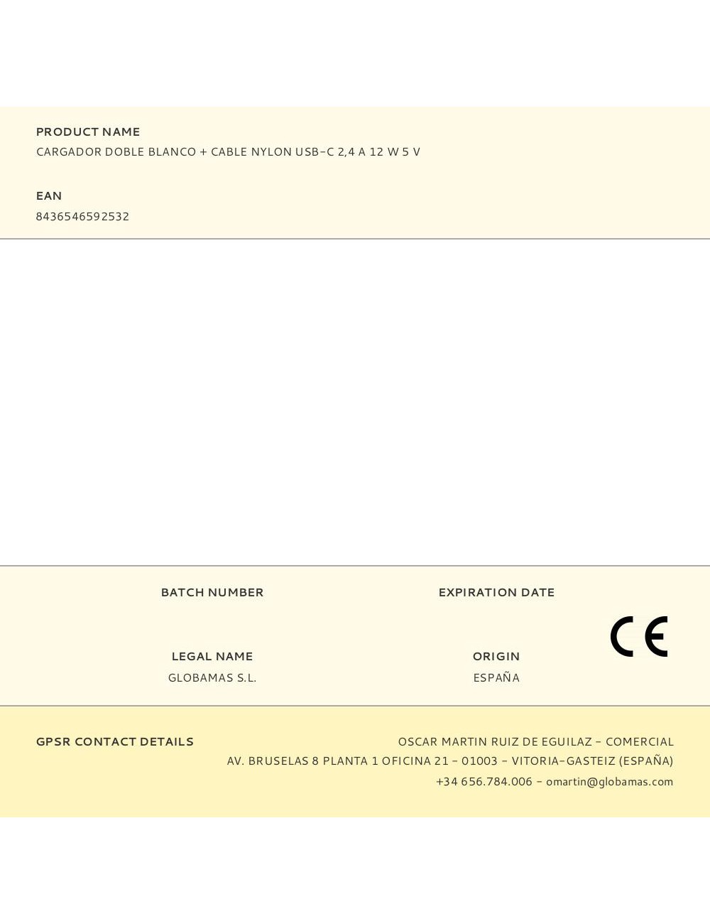 Cargador doble blanco + cable nylon usb-c 2,4 a 12 w 5 v