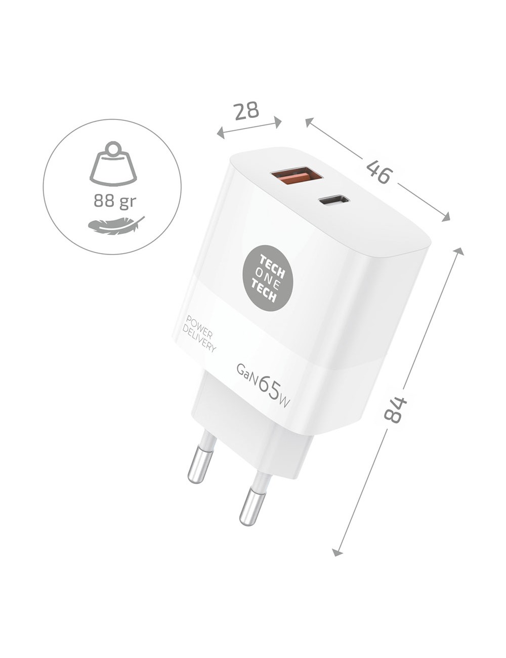 Cargador notebook/móvil 65w gan pd + cable 1,2m 5a tech one tech