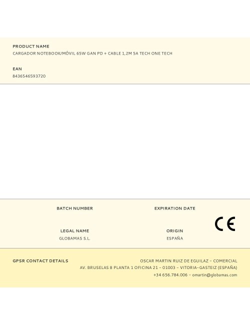 Cargador notebook/móvil 65w gan pd + cable 1,2m 5a tech one tech