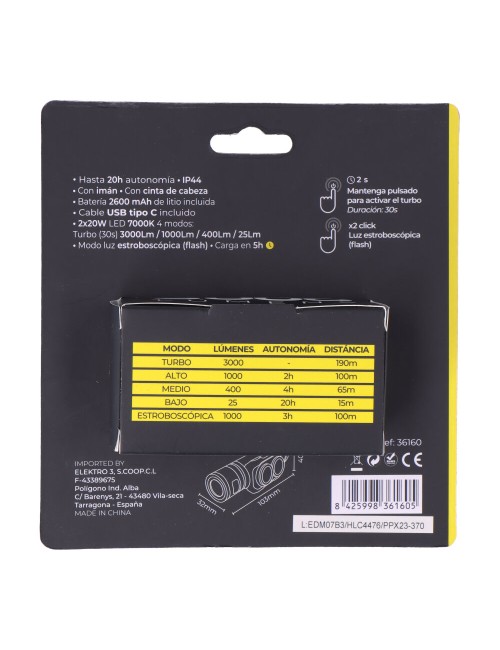 Linterna led frontal thunder track 3000 lm