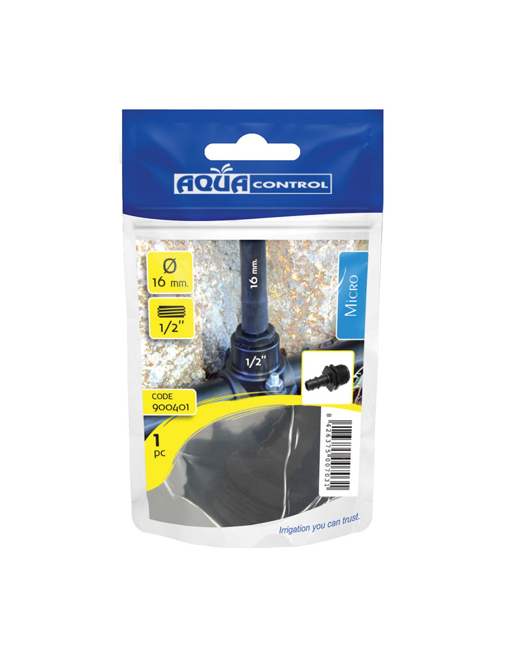 Adaptador macho tubo 16mm a rosca 1/2" en bolsa zip 1 unidad 900401 aqua control