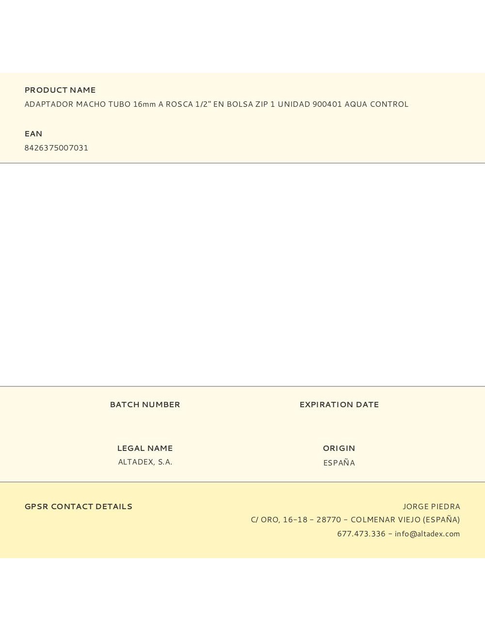 Adaptador macho tubo 16mm a rosca 1/2" en bolsa zip 1 unidad 900401 aqua control
