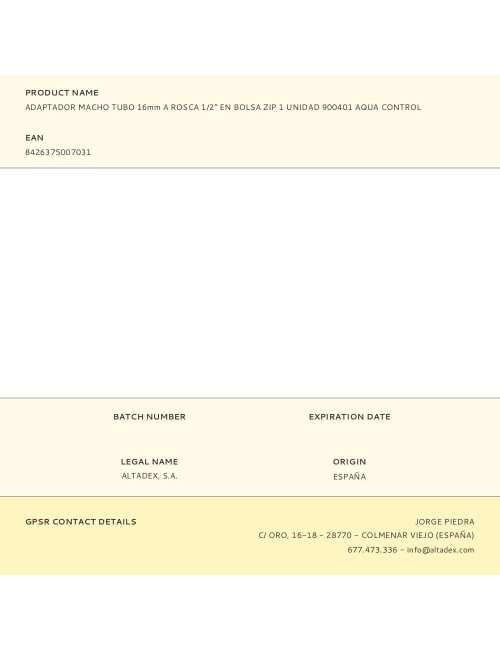 Adaptador macho tubo 16mm a rosca 1/2" en bolsa zip 1 unidad 900401 aqua control