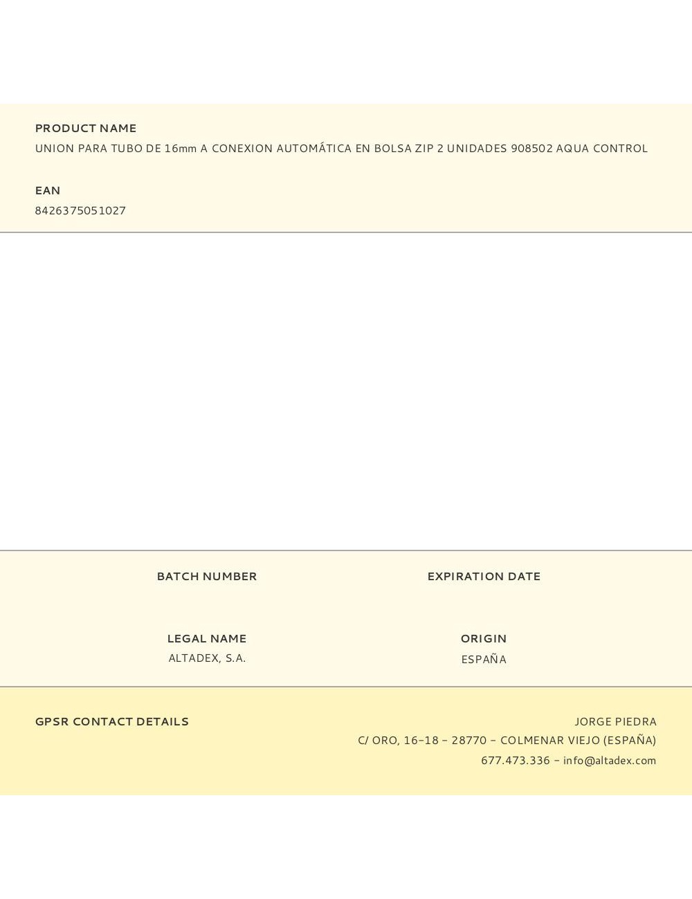 Union para tubo de 16mm a conexion automática en bolsa zip 2 unidades 908502 aqua control