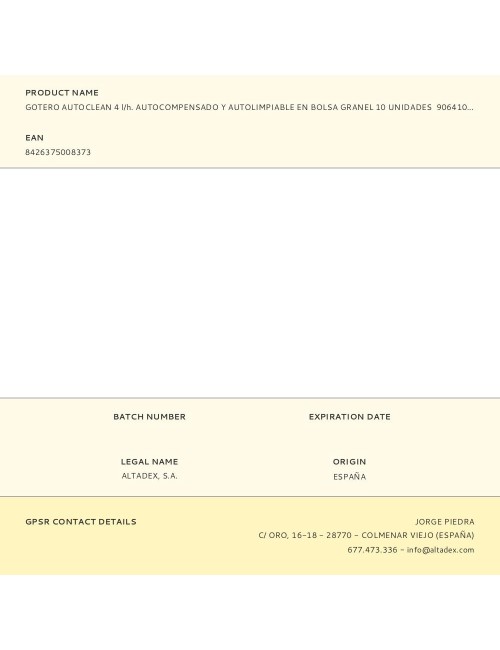 Gotero autoclean 4 l/h. autocompensado y autolimpiable en bolsa granel 10 unidades 906410 aqua control