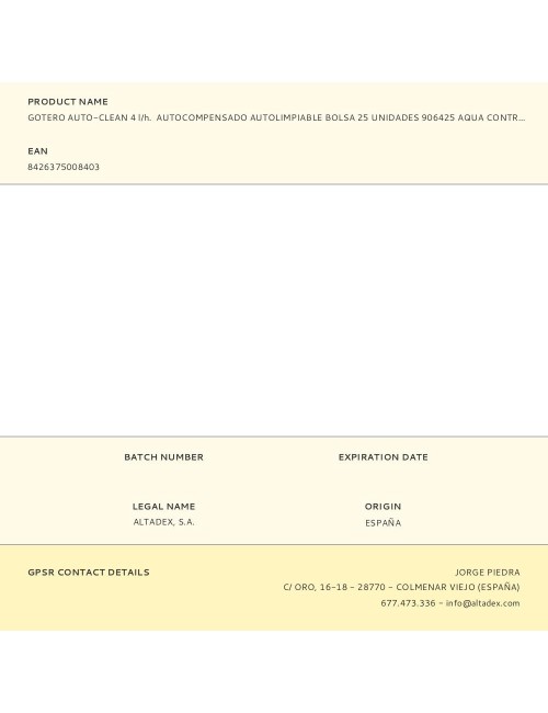 Gotero auto-clean 4 l/h. autocompensado autolimpiable bolsa 25 unidades 906425 aqua control