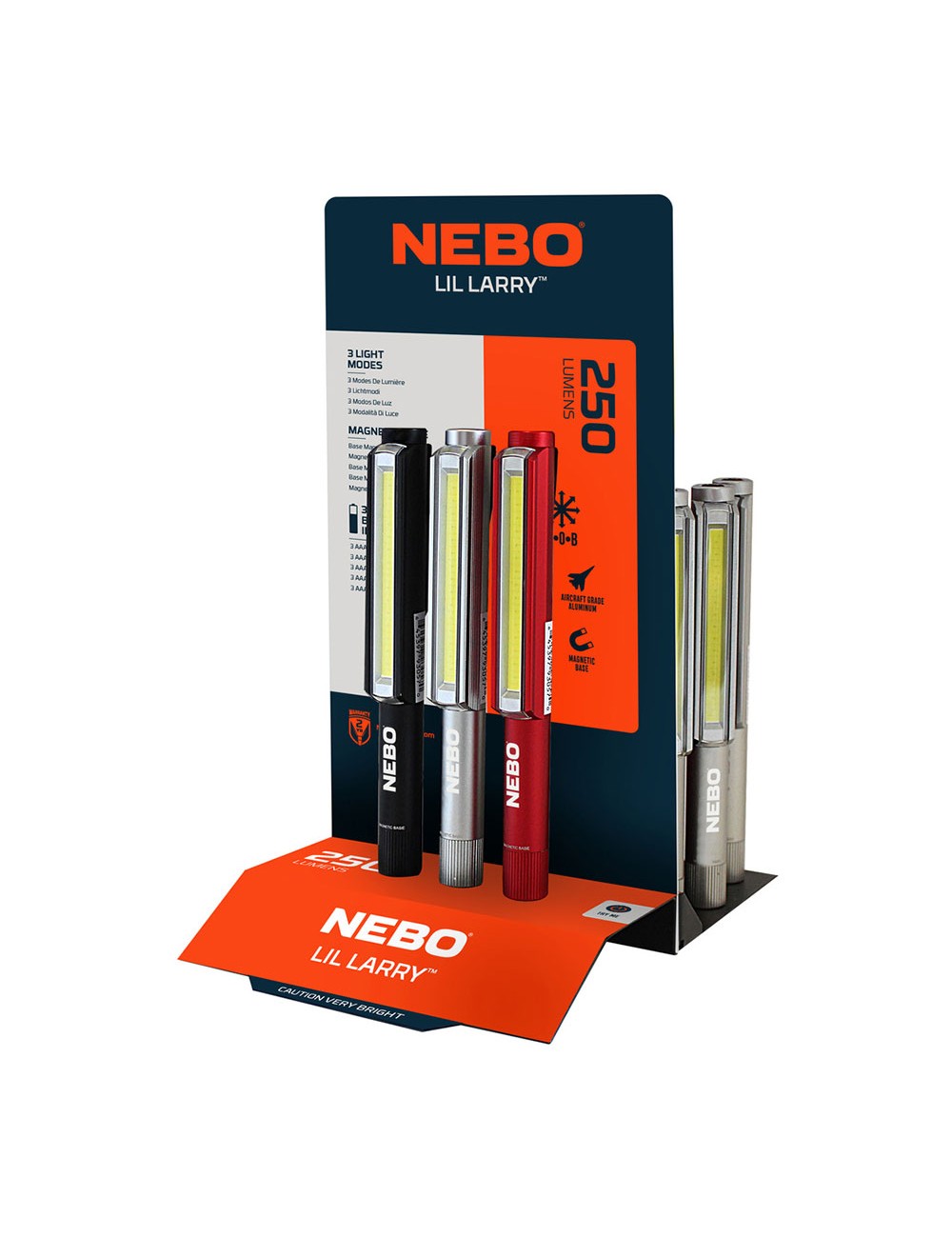 Linterna lil larry. base magnética clip. por la compra de 18 unidades un expositor de regalo