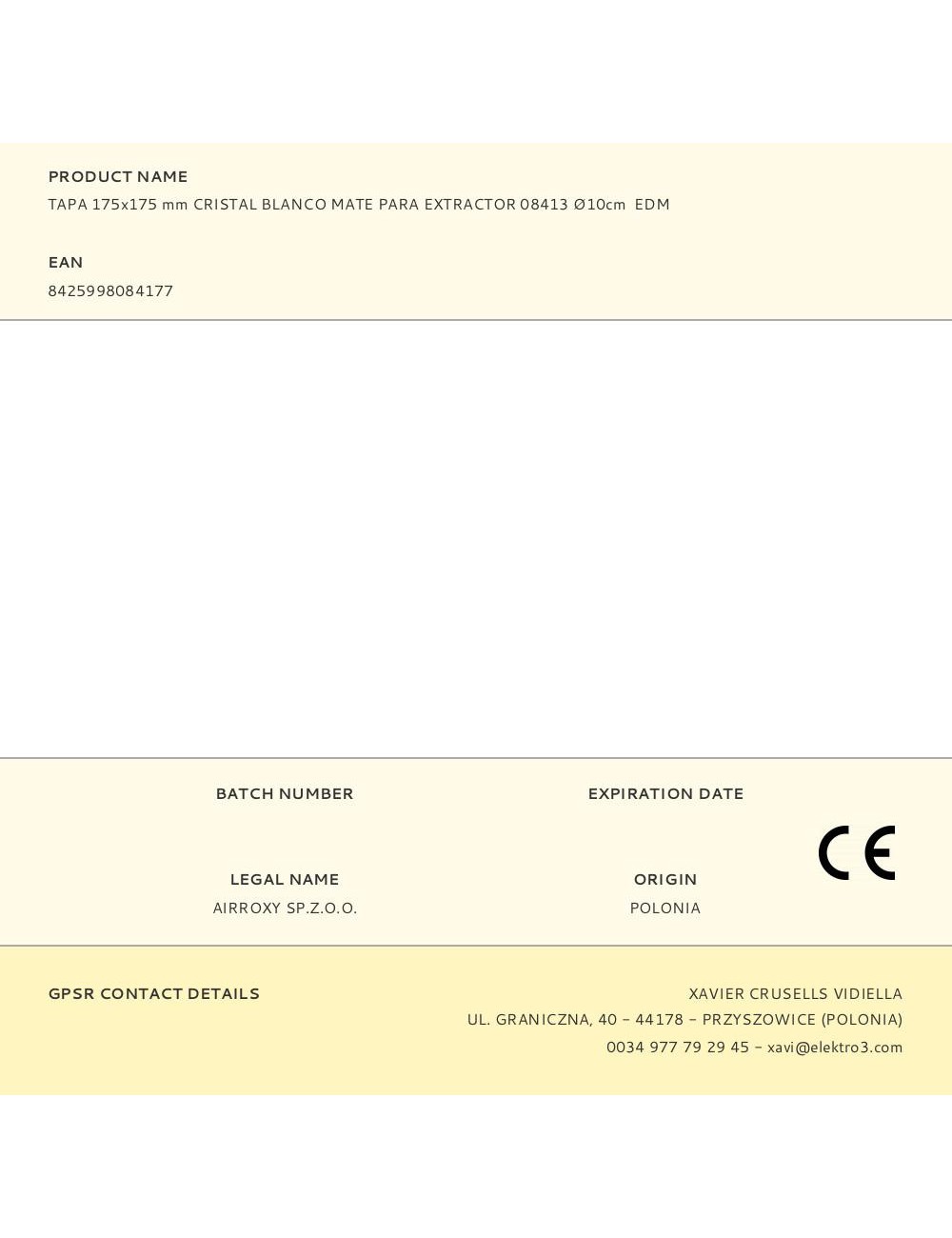 Tapa 175x175 mm cristal blanco mate para extractor 08413 ø10cm edm