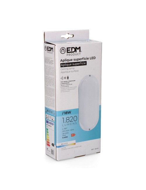 Aplique led oval con sensor crepuscular y de movimiento 18 w 1820 lm 6.400 k 23 x 10,2 x 4,5 cm