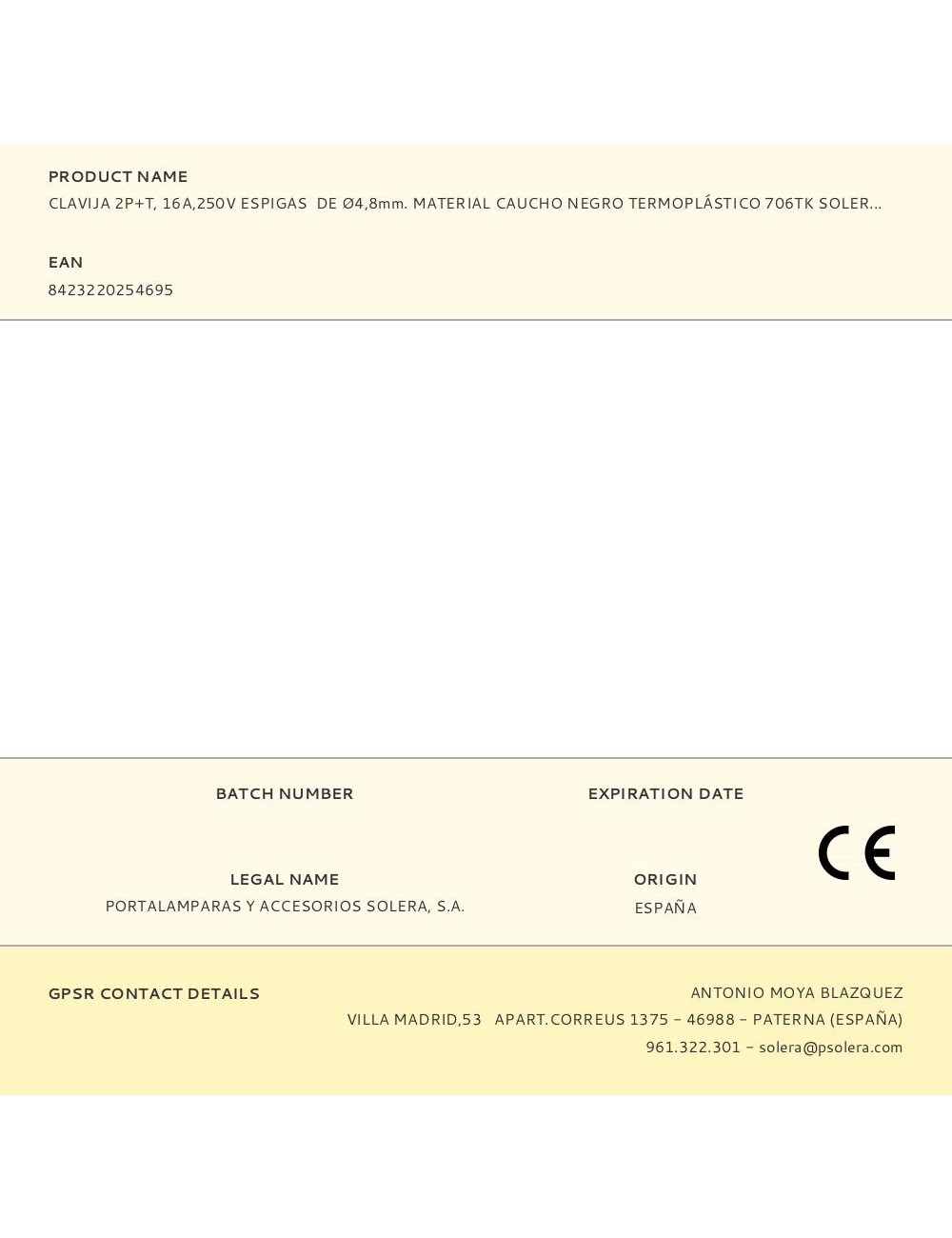 Clavija 2p+t, 16a,250v espigas de ø4,8mm. material caucho negro termoplástico 706tk solera