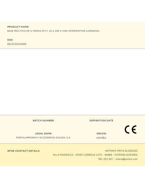 Base múltiple de 5 tomas 2p+t, 16 a 250 v con interruptor luminoso.