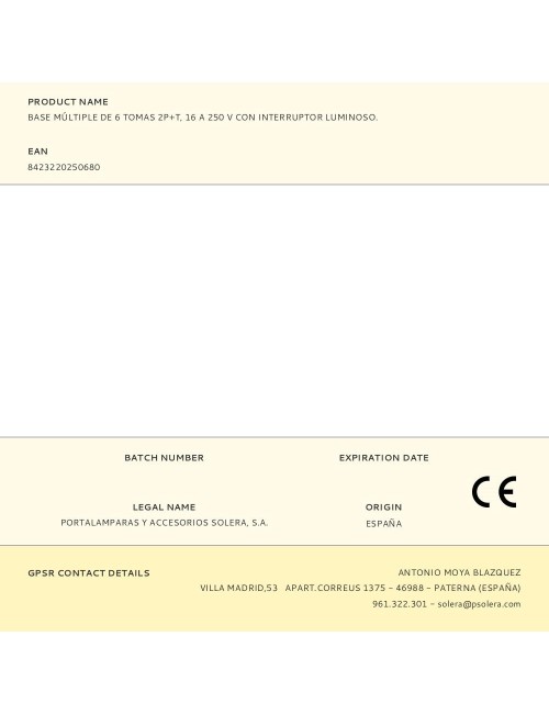 Base múltiple de 6 tomas 2p+t, 16 a 250 v con interruptor luminoso.