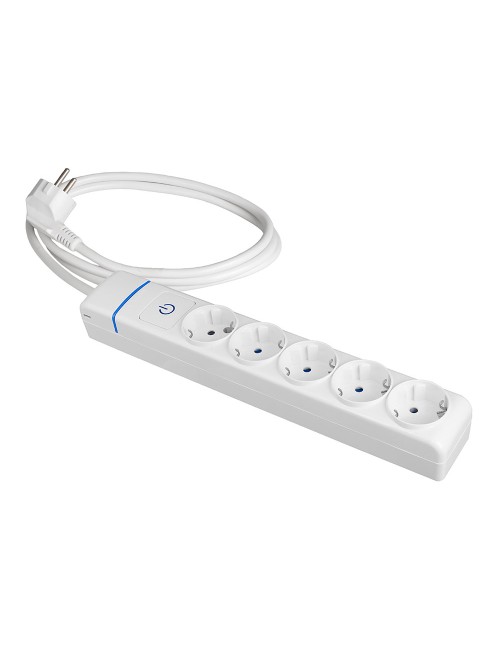 Base múltiple con 5 tomas 2p+t, con interruptor luminoso, 1,5 m cable h05vv-f 3g1,5 mm, blanca