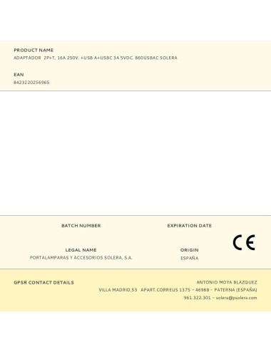 Adaptador 2p+t, 16a 250v. +usb a+usbc 3a 5vdc. 860usbac solera