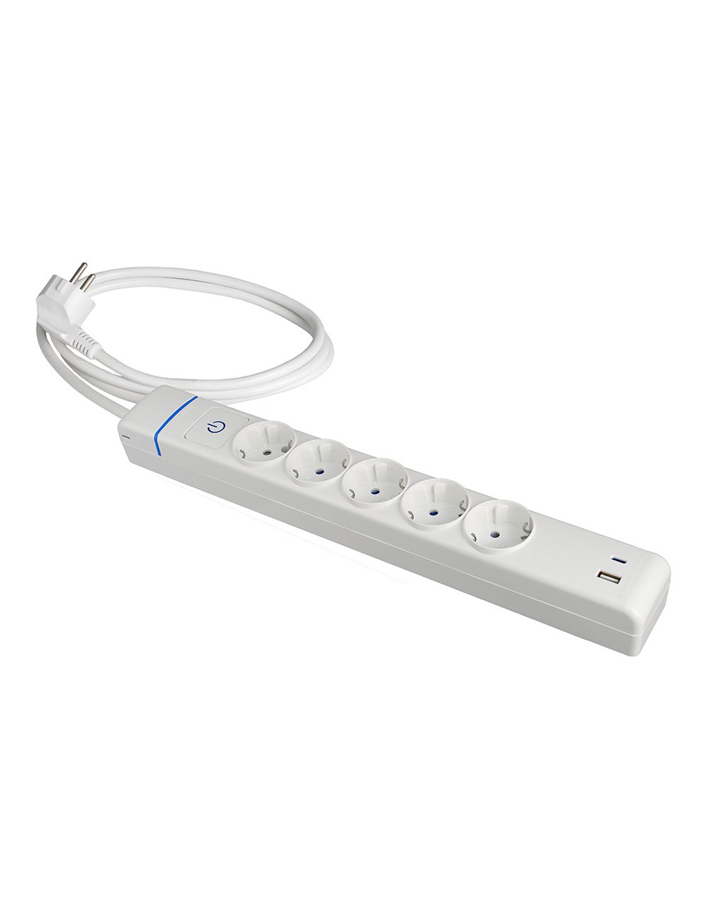 Base múltiple, 5 tomas 2p+t, con interruptor + 2 usb, 1,5 m cable h05vv-f 3g1,5 mm, 16a 250v~, blanca