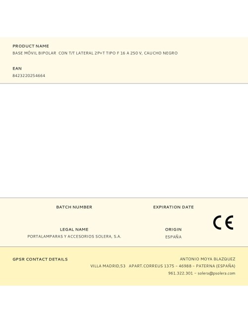 Base móvil bipolar con t/t lateral 2p+t tipo f 16 a 250 v, caucho negro