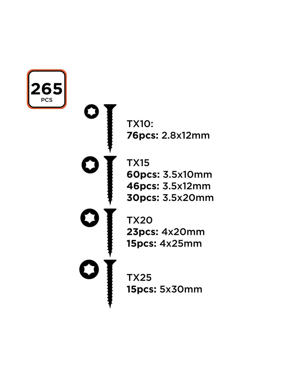 Surtido de tornillos torx 265 piezas black+decker