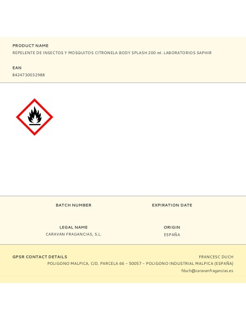 Repelente de insectos y mosquitos citronela body splash 200 ml. laboratorios saphir