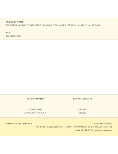 Expositor navajas opinel acero inoxidable, 30 uds (n6, n7, n9 6 uds n8 12 uds de cada numero)