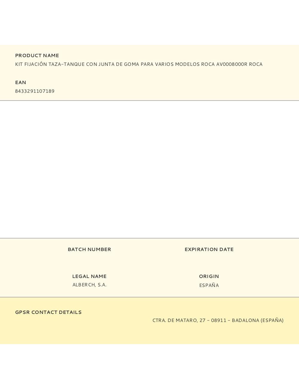 Kit fijación taza-tanque con junta de goma para varios modelos roca av0008000r roca