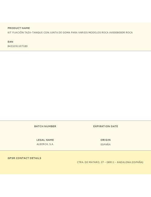 Kit fijación taza-tanque con junta de goma para varios modelos roca av0008000r roca