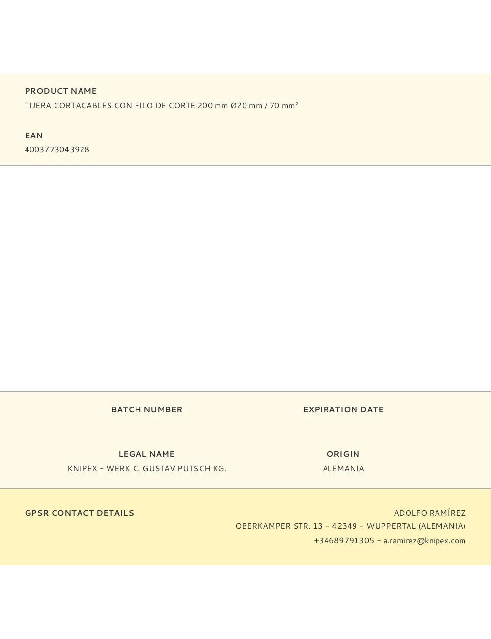 Tijera cortacables con filo de corte 200 mm ø20 mm / 70 mm