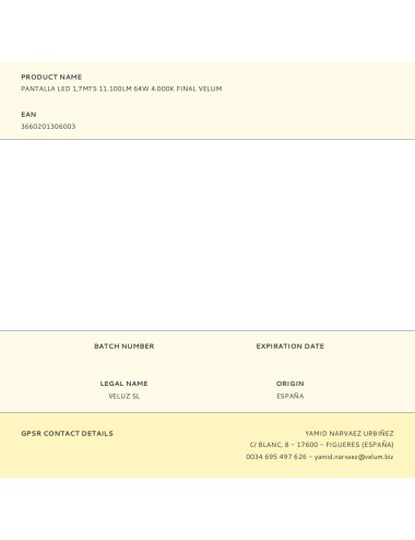 Pantalla led 1,7mts 11.100lm 64w 4.000k final velum