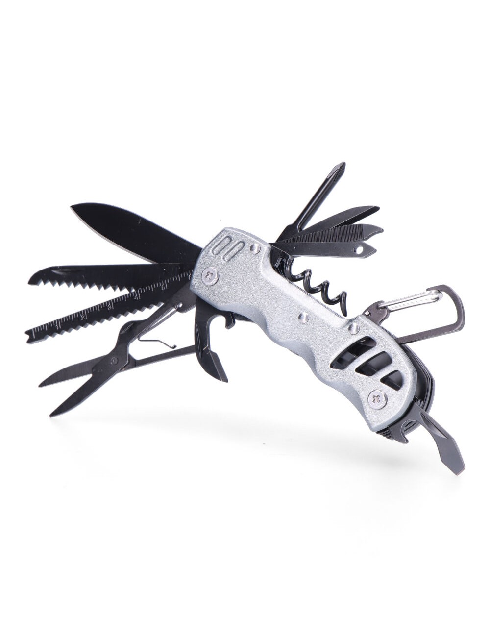 Multiherramienta con mosquetón modelo plateado, serie k2