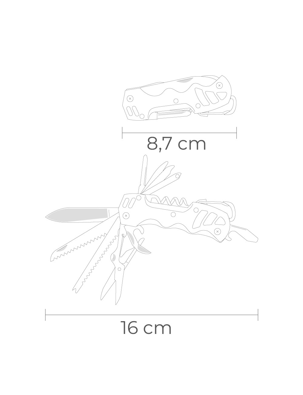 Multiherramienta con mosquetón modelo plateado, serie k2