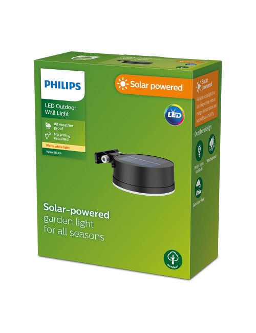 Aplique solar redondo, ip 44 1,5w, 200im 2700k, luz cálida, medidas: 11,2x4,6x14,1cm. philips