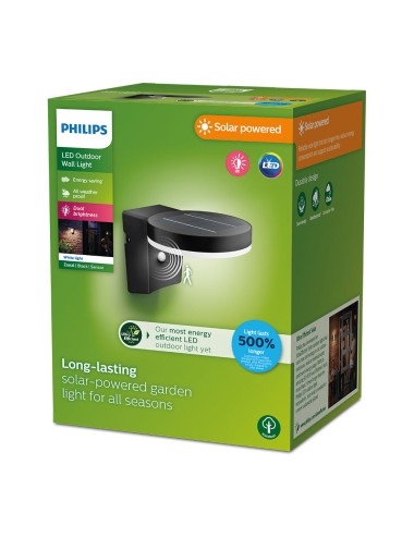 Aplique solar mural redondo ultraeficiente,ip44 1,3w, 250im 3000k, luz cálida. philips