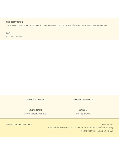 Organizador cosméticos con 8 compartimentos distribución circular, colores surtidos