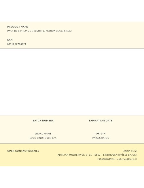 Pinza de resorte, medida 65 mm, pack de 6 uds