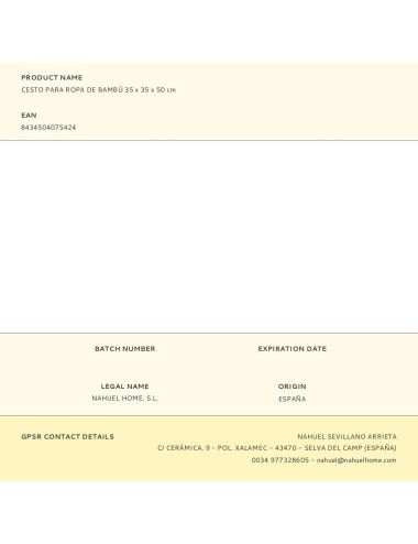 Cesto para ropa de bambú 35 x 35 x 50 cm