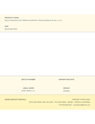 Rollo adhesivo de cierre de gancho y bucle blanco 20 mm x 1,5 m