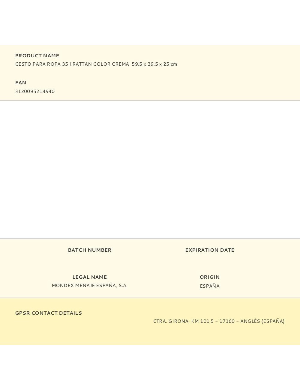 Cesto para ropa 35 l rattan color crema 59,5 x 39,5 x 25 cm