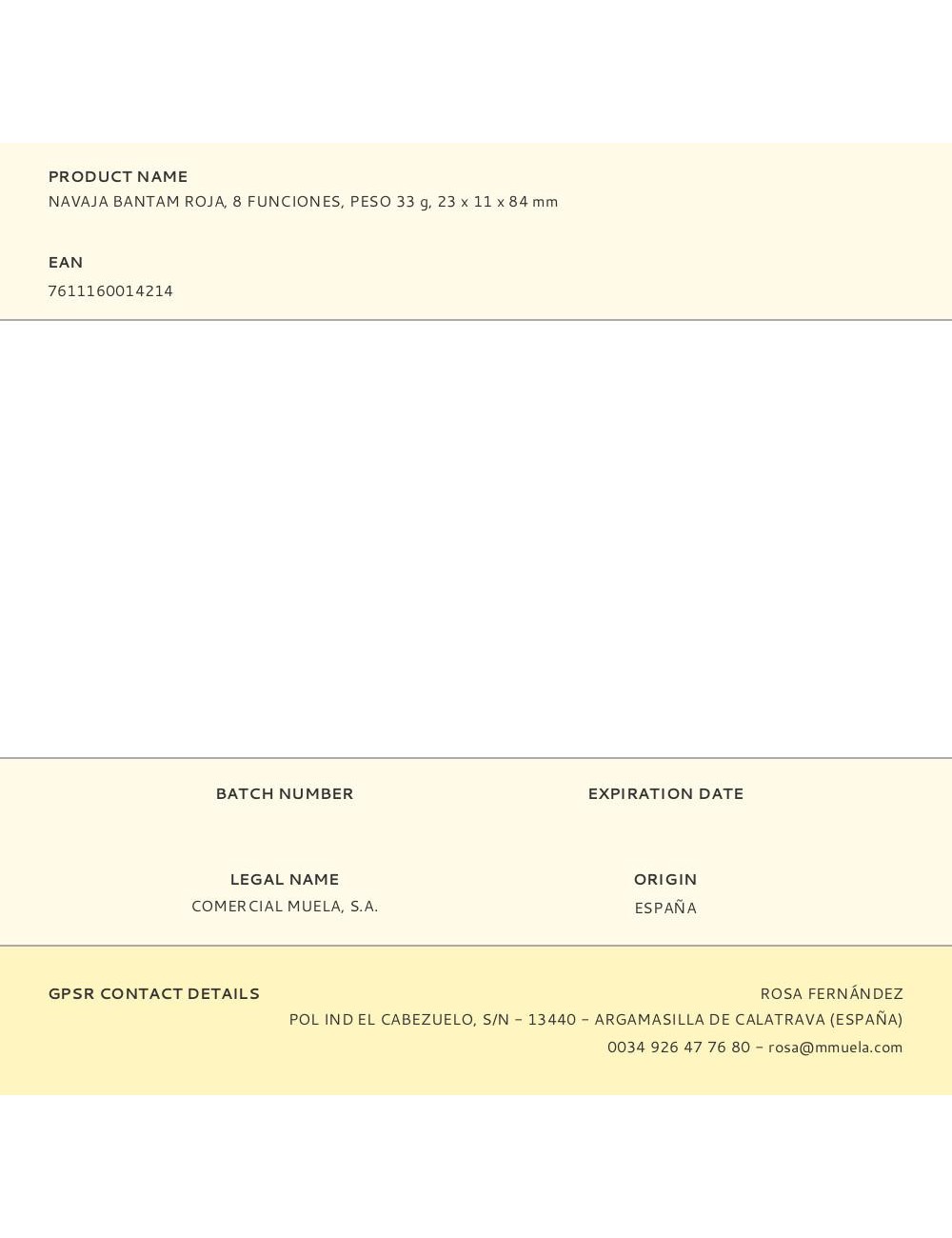 Navaja bantam roja, 8 funciones, peso 33 g, 23 x 11 x 84 mm