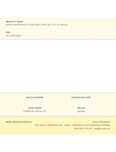 Navaja waiter roja, 9 funciones, peso 35 g, 26 x 12 x 84 mm