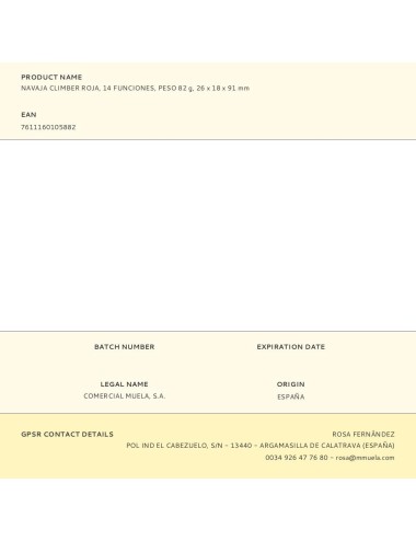 Navaja climber roja, 14 funciones, peso 82 g, 26 x 18 x 91 mm