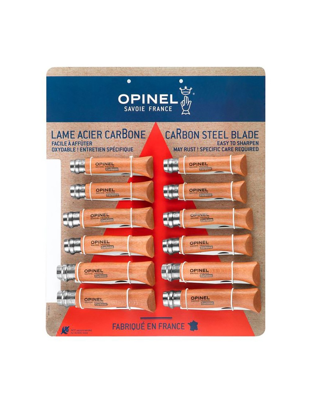 Expositor navajas opinel acero al carbono, 12 uds (n6, n7, n8 4 uds de cada numero)