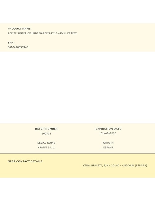 Aceite sintético lube garden 4t 10w40 1l. krafft