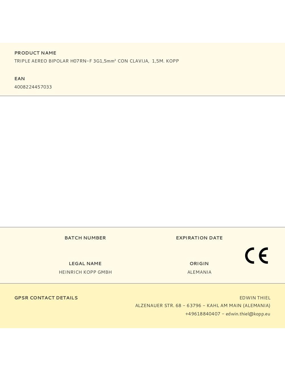 Triple aereo bipolar h07rn-f 3g1,5mm con clavija, 1,5m. kopp