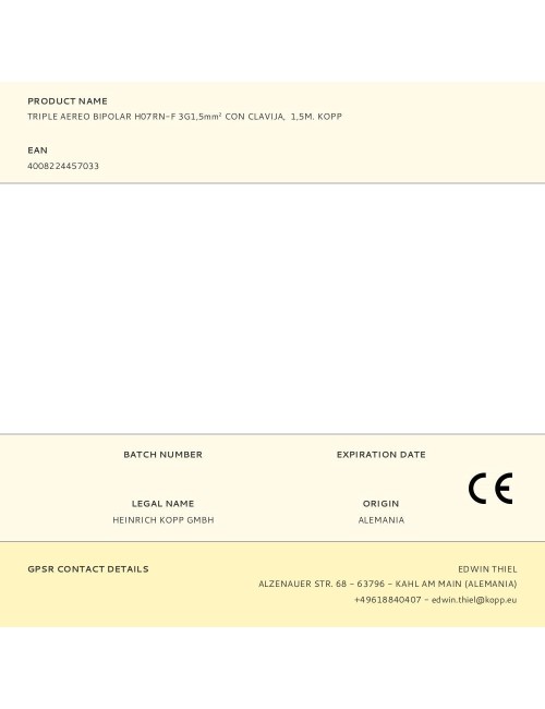 Triple aereo bipolar h07rn-f 3g1,5mm con clavija, 1,5m. kopp