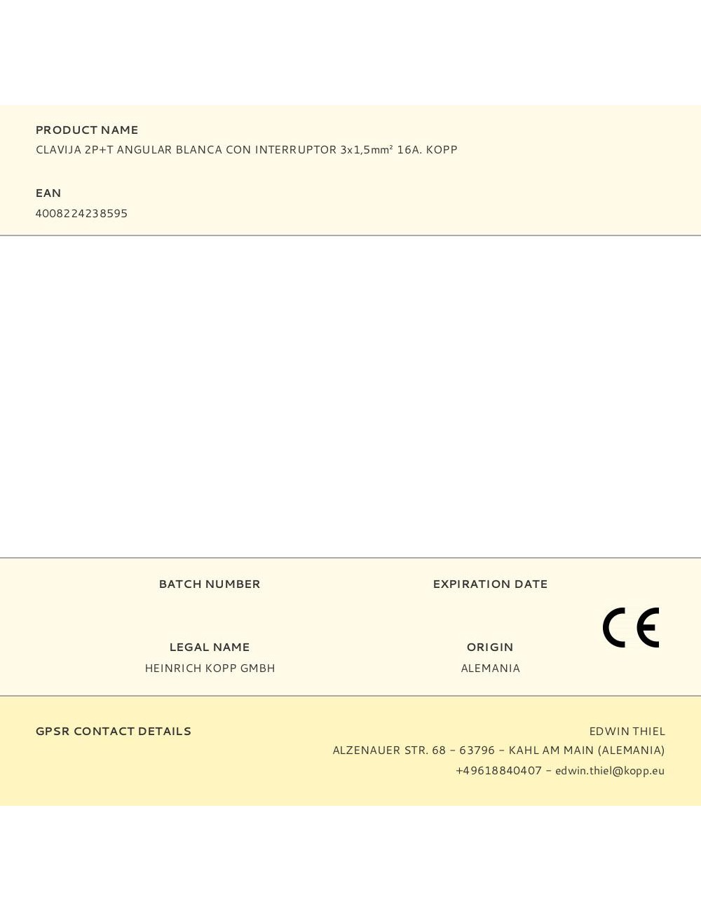 Clavija 2p+t angular blanca con interruptor 3x1,5mm 16a. kopp