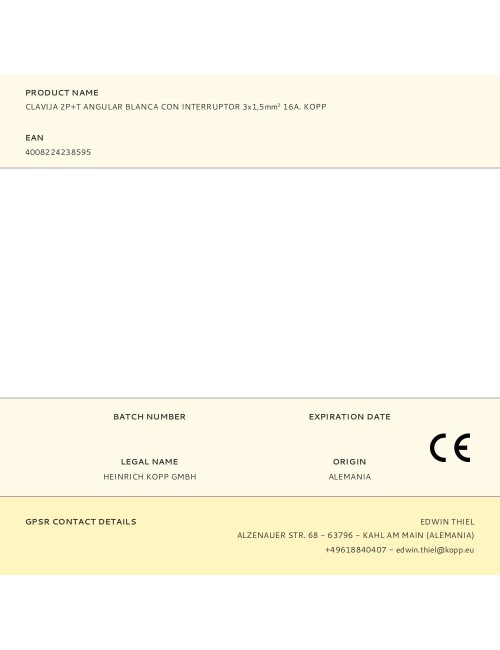 Clavija 2p+t angular blanca con interruptor 3x1,5mm 16a. kopp