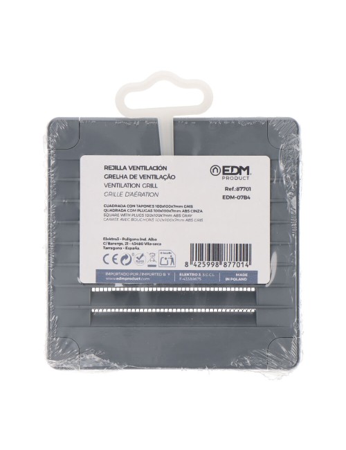 Rejilla ventilación cuadrada con tapones y mosquitera 100x100x7mm abs gris