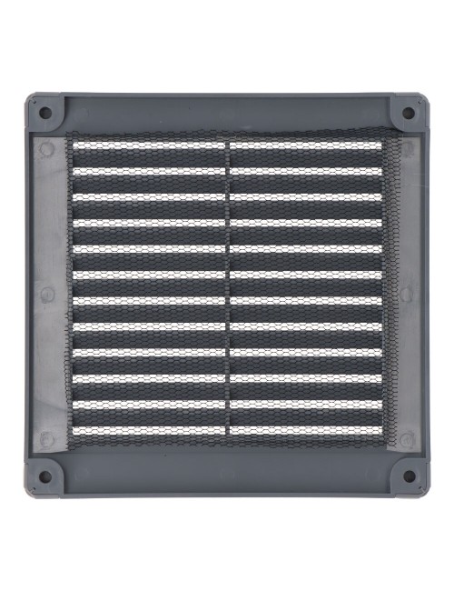 Rejilla ventilación cuadrada con tapones y mosquitera 150x150x7mm abs gris