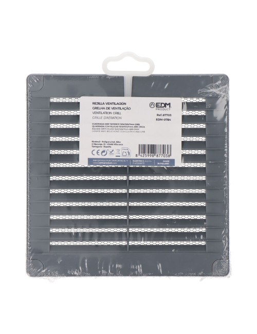 Rejilla ventilación cuadrada con tapones y mosquitera 150x150x7mm abs gris